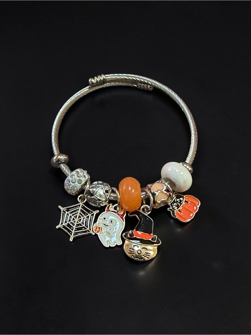 Halloween Charm Adjustable Twisted Bangle Bracelet with Orange and White Beads